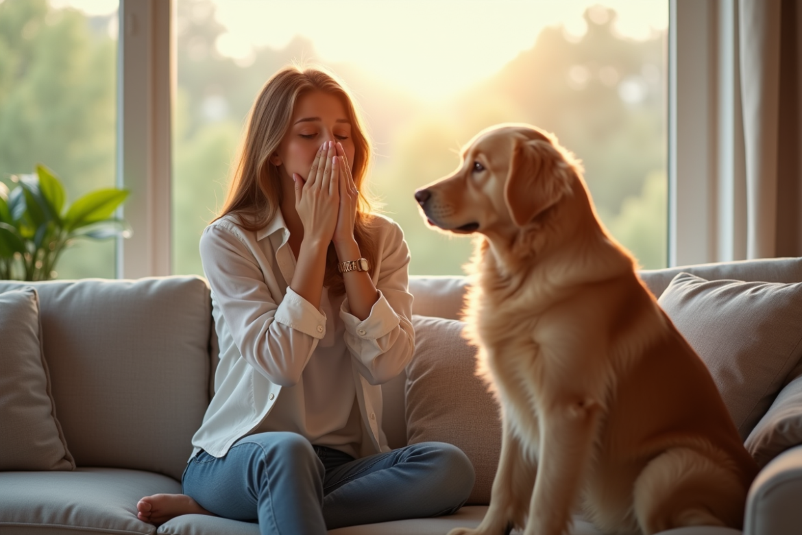 Jeune femme toussant dans un salon lumineux avec un chien golden retriever