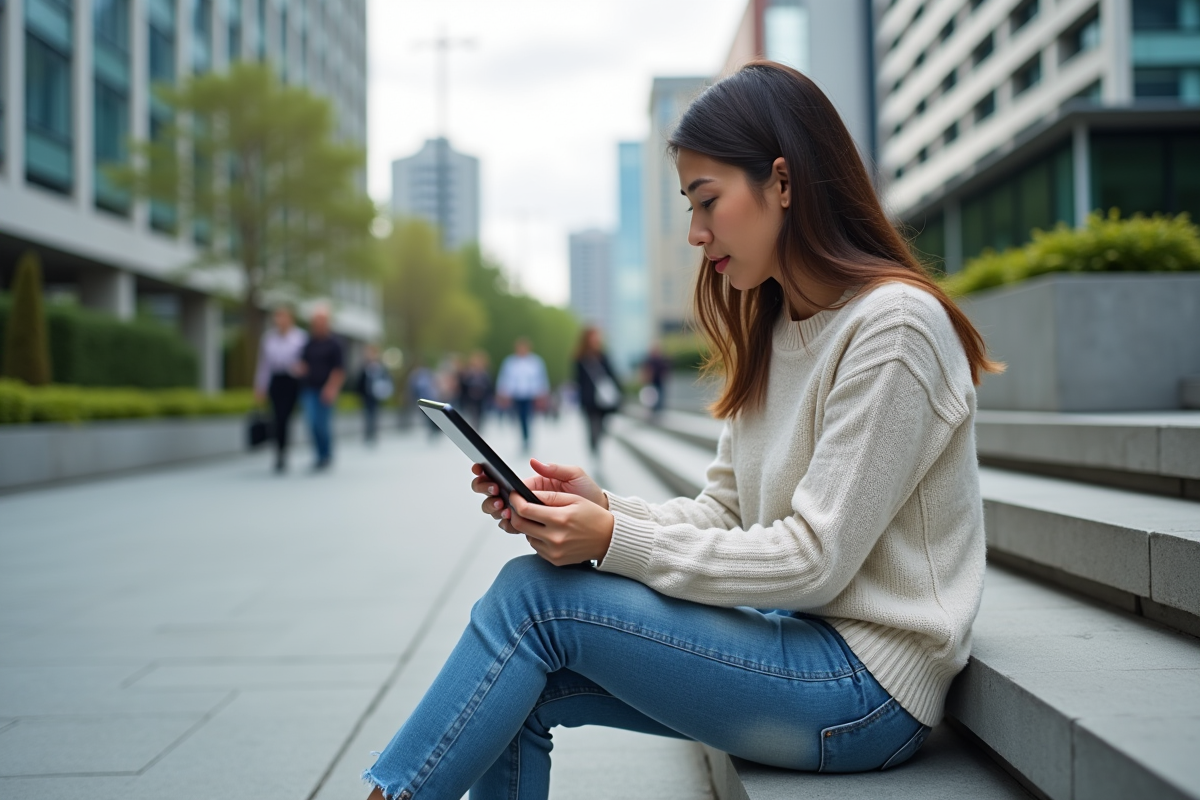 Jeune femme utilisant une tablette en ville