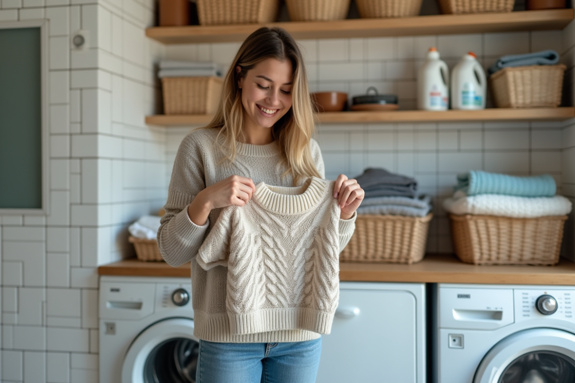 Jeune femme inspectant un pull en seconde main dans la buanderie