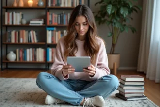 Jeune femme lisant des webtoons dans un salon cosy