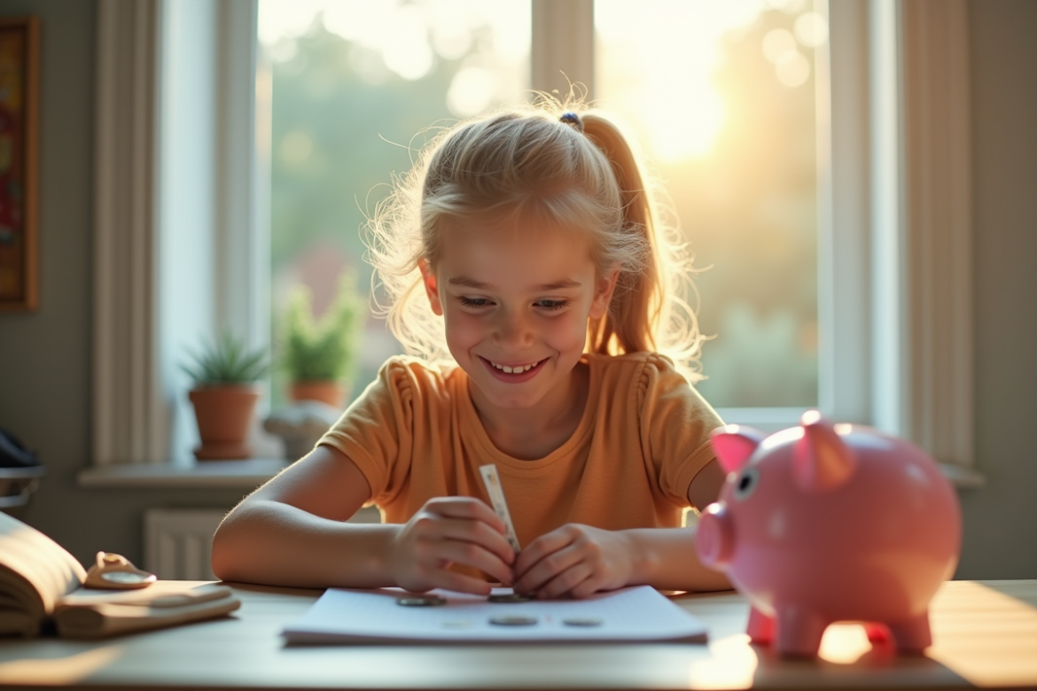 Jeune fille comptant des pièces et billets dans une chambre lumineuse