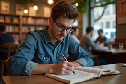 Jeune homme en café remplissant un mots croises avec dictionnaire
