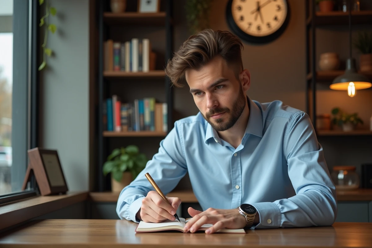 Jeune homme écrivant dans un journal au café