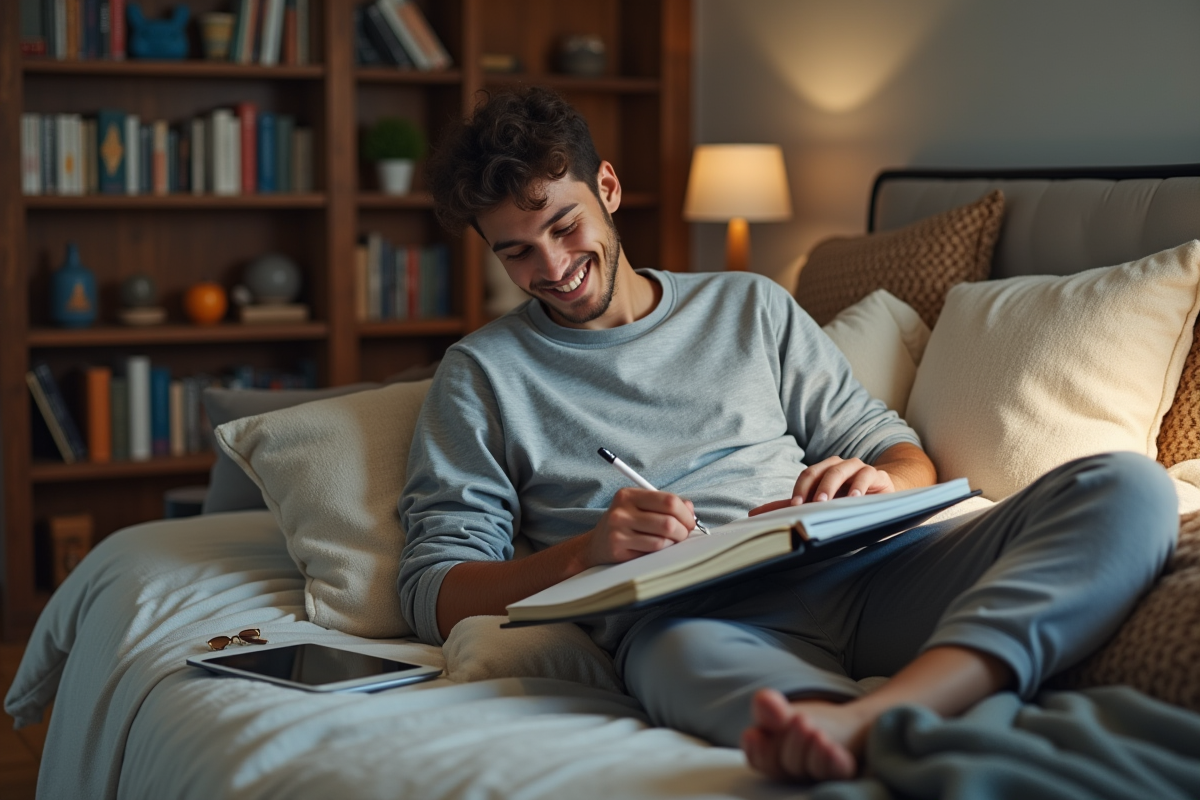 Jeune homme dessinant dans son lit en living moderne
