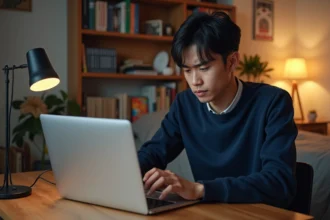 Jeune homme frustré devant son ordinateur dans une chambre