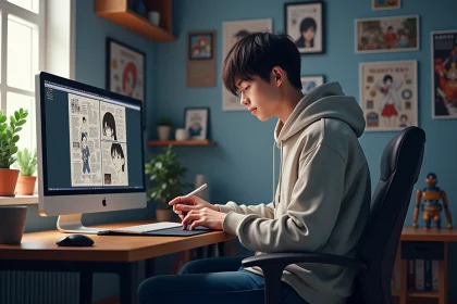 Jeune homme lisant un manga sur son ordinateur dans sa chambre