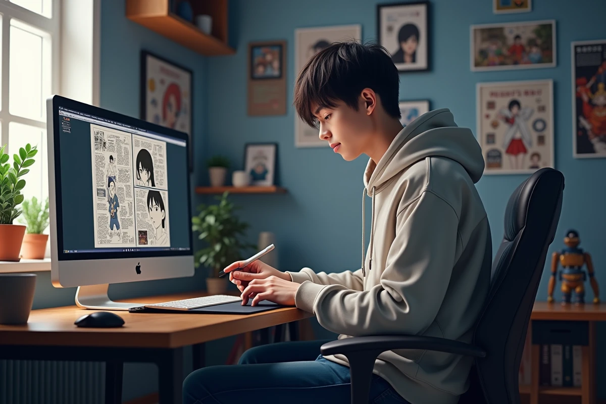Jeune homme lisant un manga sur son ordinateur dans sa chambre