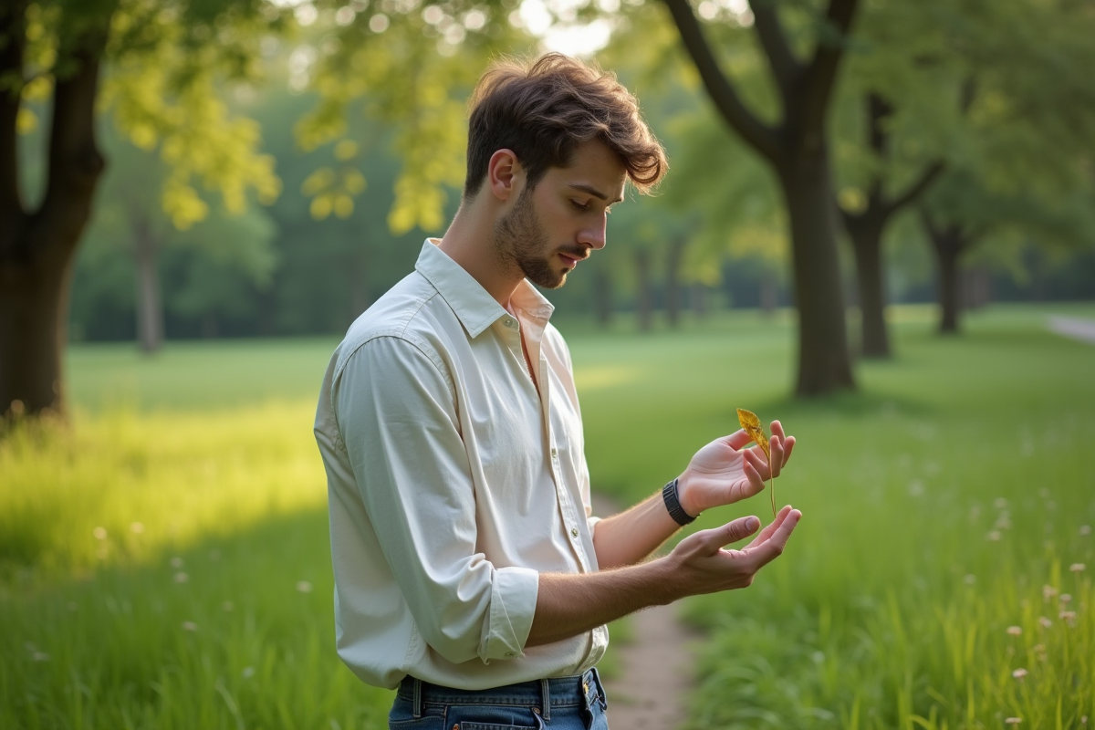 Jeune homme observant une feuille dans un parc verdoyant