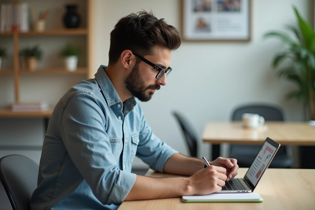 Jeune homme prenant des notes en coworking avec tablette