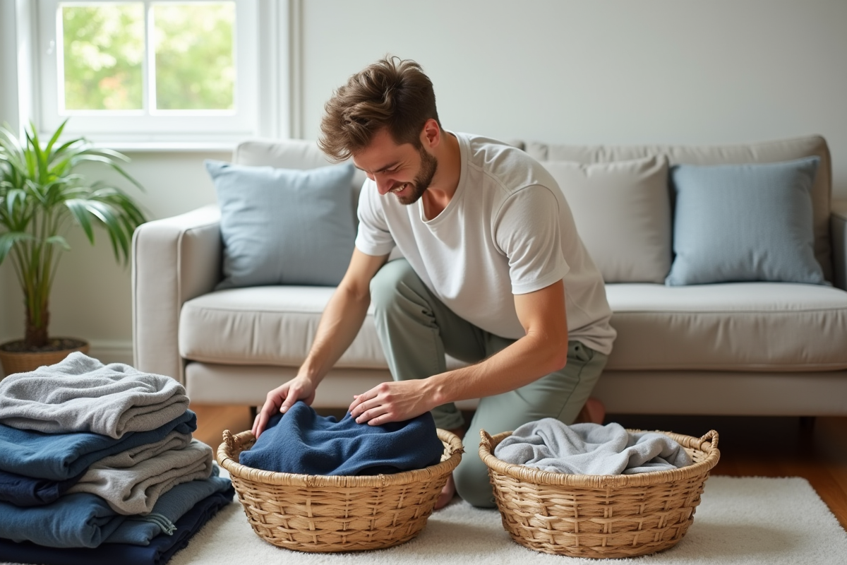 Jeune homme triant des vêtements dans un salon lumineux