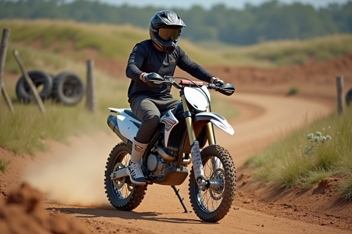 Jeune homme en motocross sur une moto 125cc en pleine nature