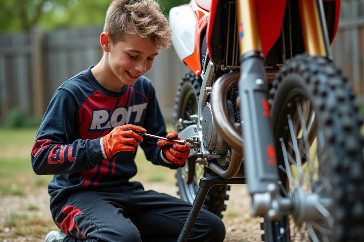 Jeune garçon motocross nettoyant la chaîne de son dirt bike