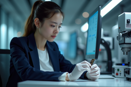 Jeune scientifique examine une puce quantique dans un laboratoire