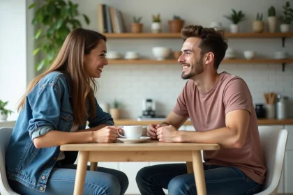 Jeune couple partageant un café dans un appartement cosy