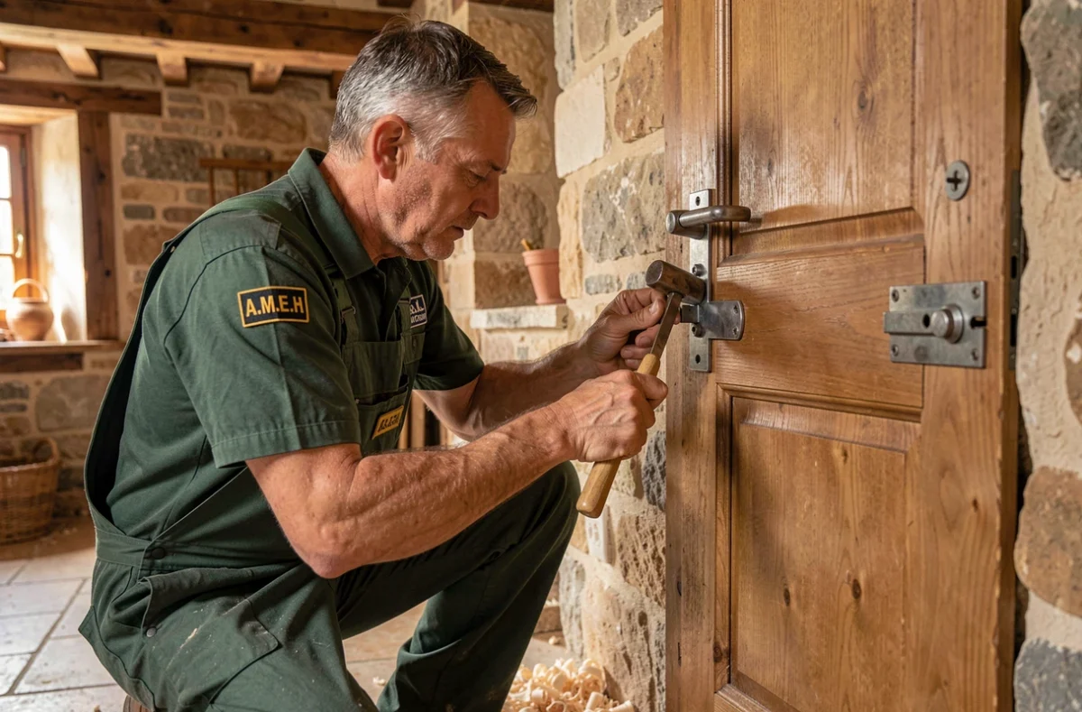 Artisan Jouannin A.M.E.H installant une serrure multipoints sur une porte en chêne dans une ferme traditionnelle