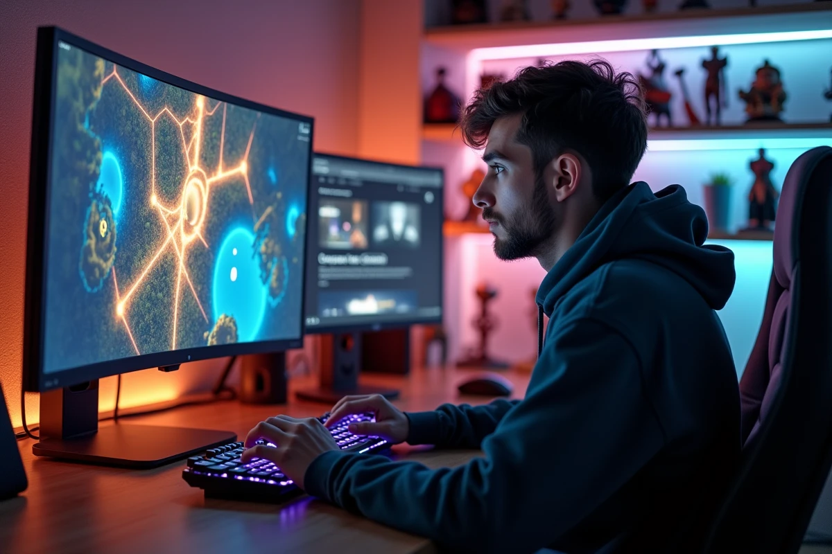 Joueur concentré devant son PC recherchant des portails de donjon sur Dofus avec une carte de jeu affichée à l'écran
