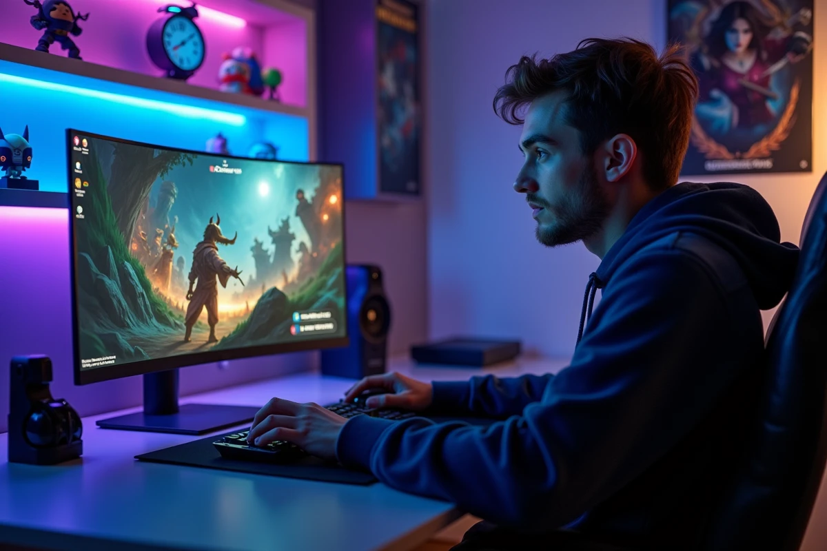 Joueur français concentré sur une partie de League of Legends à son bureau gaming