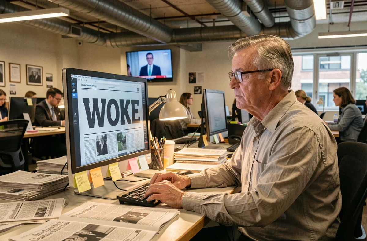 Journaliste analysant le débat polémique autour du mot woke dans une salle de rédaction