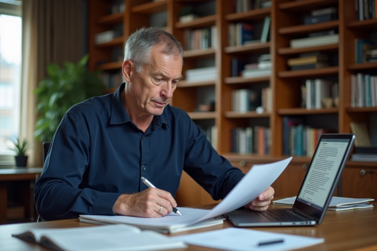 Journaliste consultant une page Wikipédia sur un ordinateur portable dans un bureau professionnel