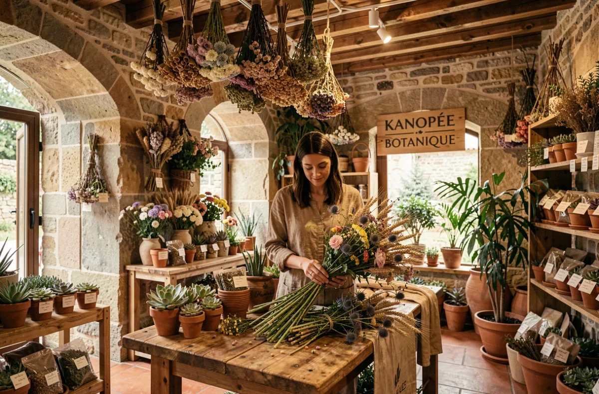 Concept store botanique Kanopée Botanique à Crémieu dans un bâtiment en pierre historique, avec une fleuriste arrangeant un bouquet champêtre sauvage