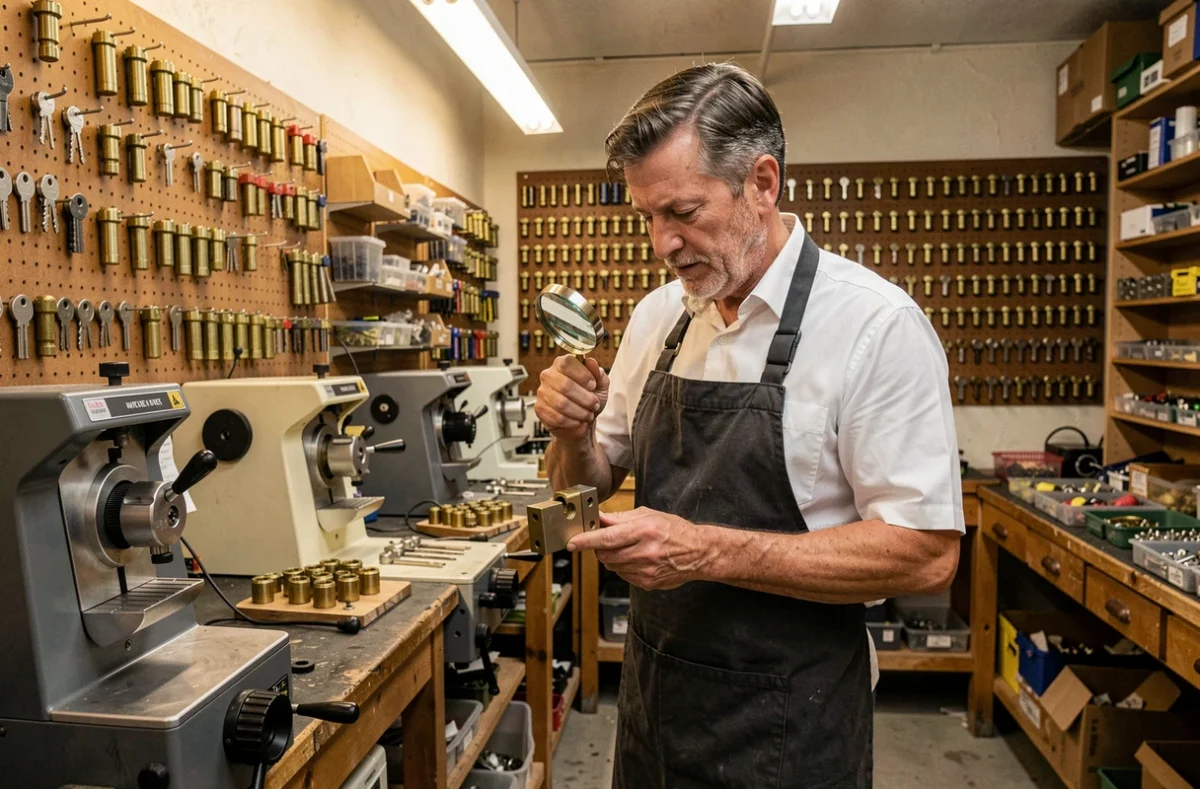 Maître serrurier de La Serrurerie examinant un mécanisme démonté dans son atelier artisanal