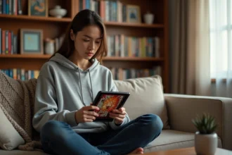 Jeune femme lisant un webtoon sur tablette dans un salon cosy, illustration pour alternatives francophones à Epsilone.scan