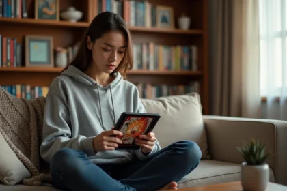 Jeune femme lisant un webtoon sur tablette dans un salon cosy, illustration pour alternatives francophones à Epsilone.scan