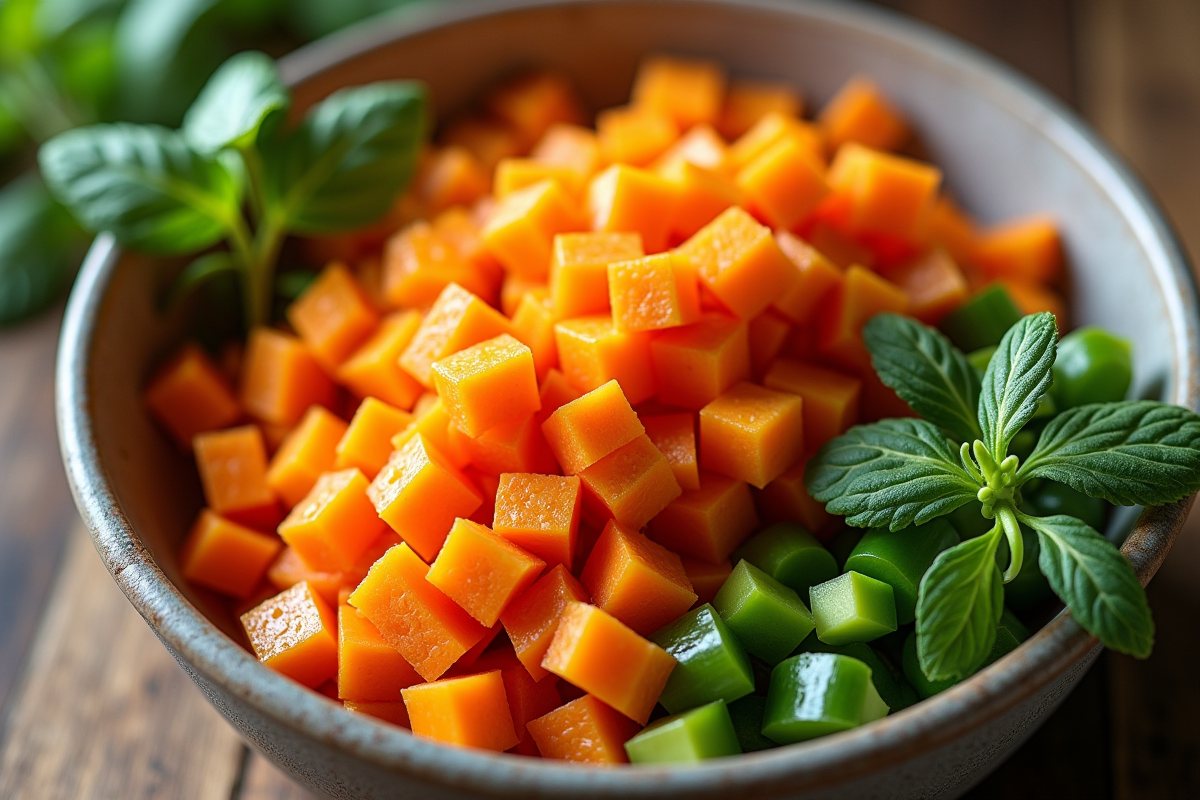 Gros plan de légumes hachés vitamine Drich dans un bol lumineux