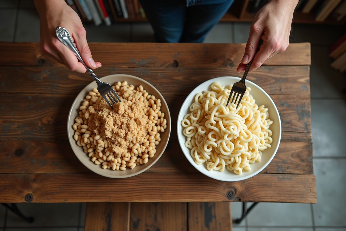 Deux mains tiennent des fourchettes au-dessus de pâtes contrastées