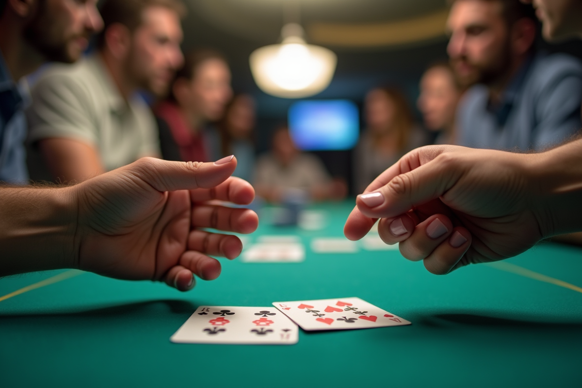 Deux mains discrètement signalent avec des cartes sur la table