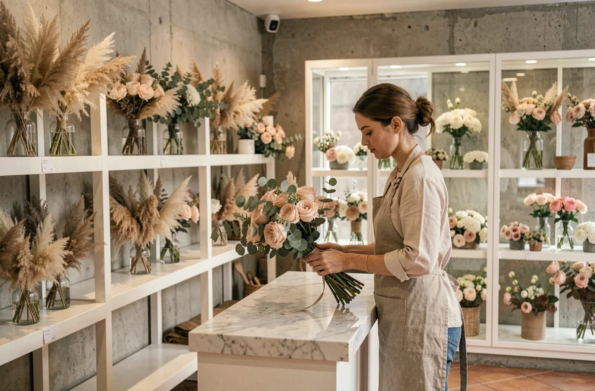 Intérieur élégant de la boutique Maison L à Grenoble, avec une fleuriste arrangeant un bouquet sur un comptoir en marbre entouré de fleurs fraîches