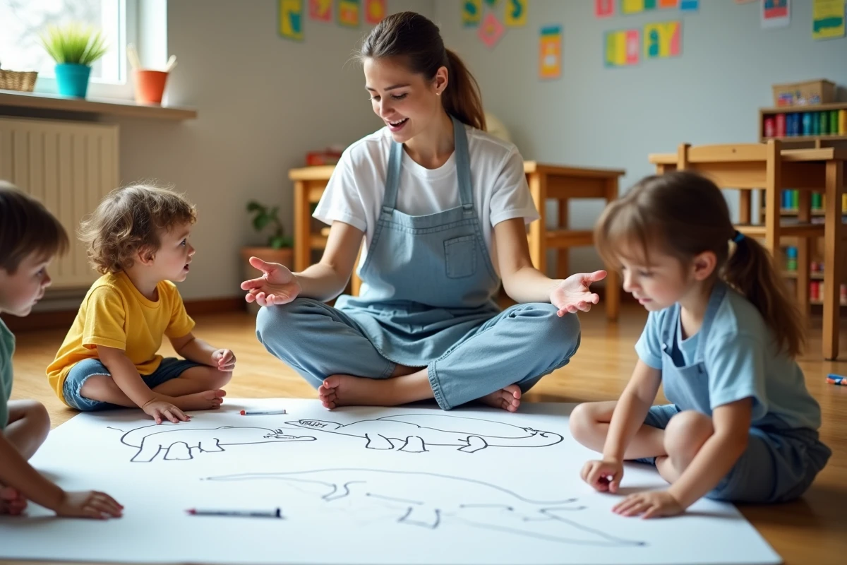 Maîtresse aidant des enfants de maternelle à dessiner des dinosaures simples sur de grandes feuilles de papier au sol