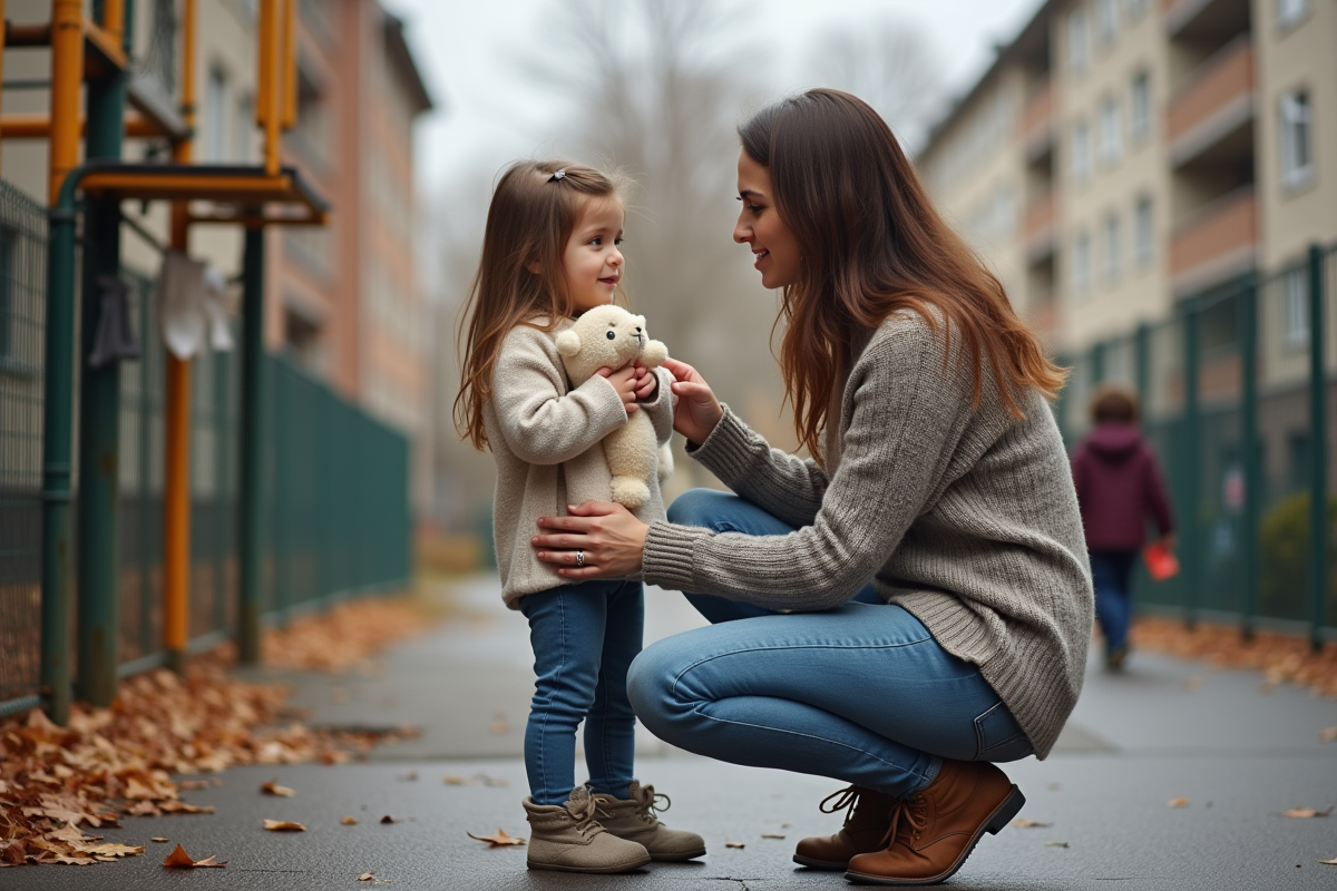 Maman réconforte sa fille dans un terrain de jeu urbain