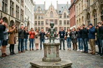 La statue du Manneken Pis à Bruxelles entourée de touristes sur les pavés du centre historique