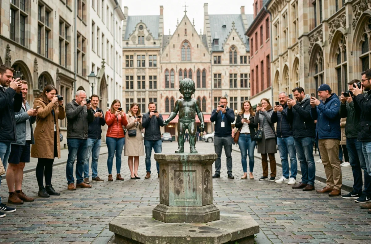 La statue du Manneken Pis à Bruxelles entourée de touristes sur les pavés du centre historique
