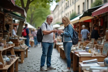 Homme en polo et femme marchande au vide grenier