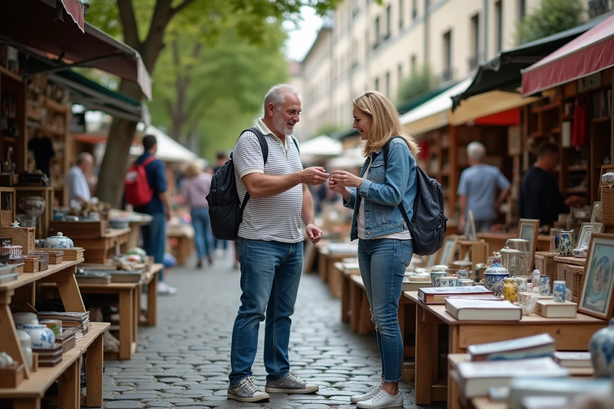 Homme en polo et femme marchande au vide grenier