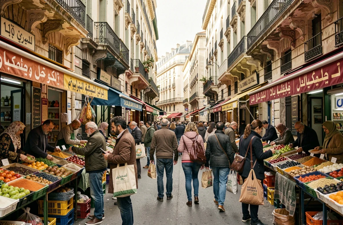 Marché animé du quartier Noailles à Marseille reflétant la diversité culturelle et la densité de population de la ville