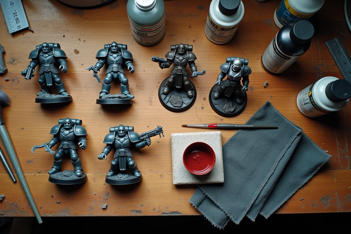 Vue de dessus d'un établi de peinture avec figurines Warhammer, vernis protecteur et matériel d'entretien pour éviter les éclats
