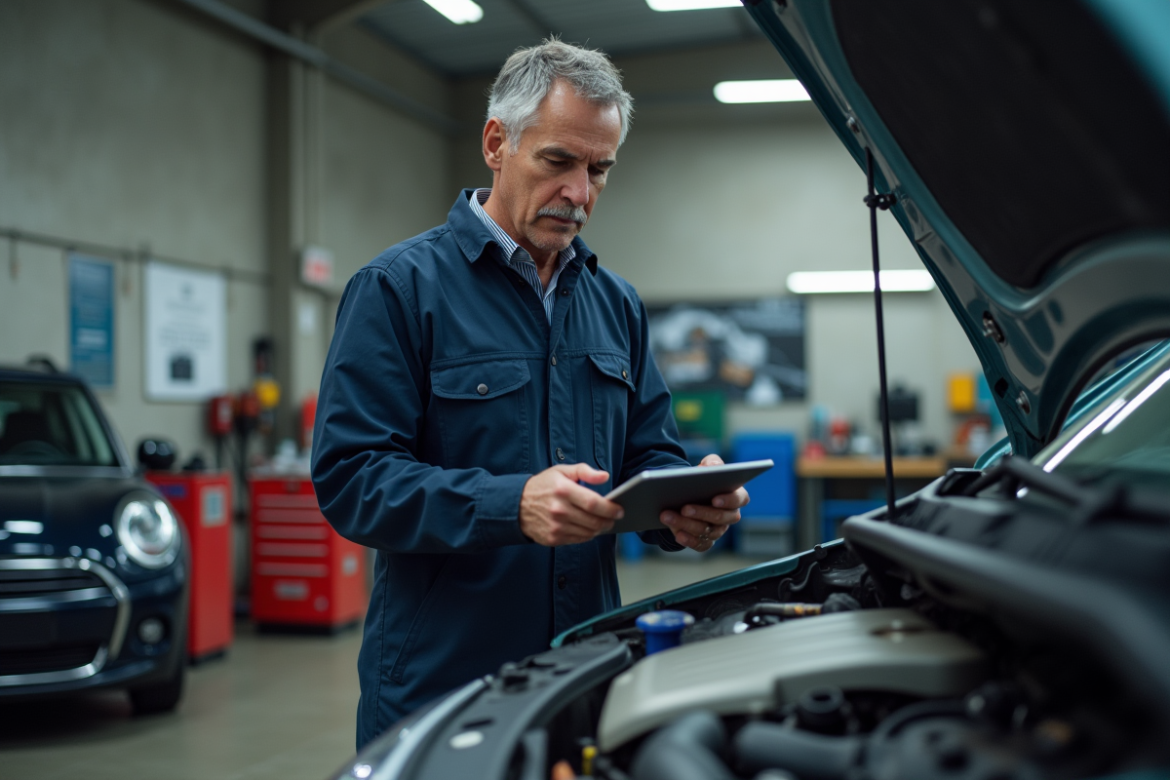 Mécanicien homme en overalls examine un moteur en atelier