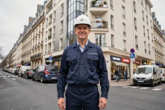 Un électricien professionnel en uniforme bleu devant un immeuble résidentiel à Saint-Denis, illustration de l'article sur les meilleurs électriciens de la ville