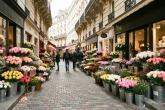 Vue d'ensemble d'une rue commerçante en Isère avec plusieurs boutiques de fleuristes et des bouquets colorés exposés sur les trottoirs