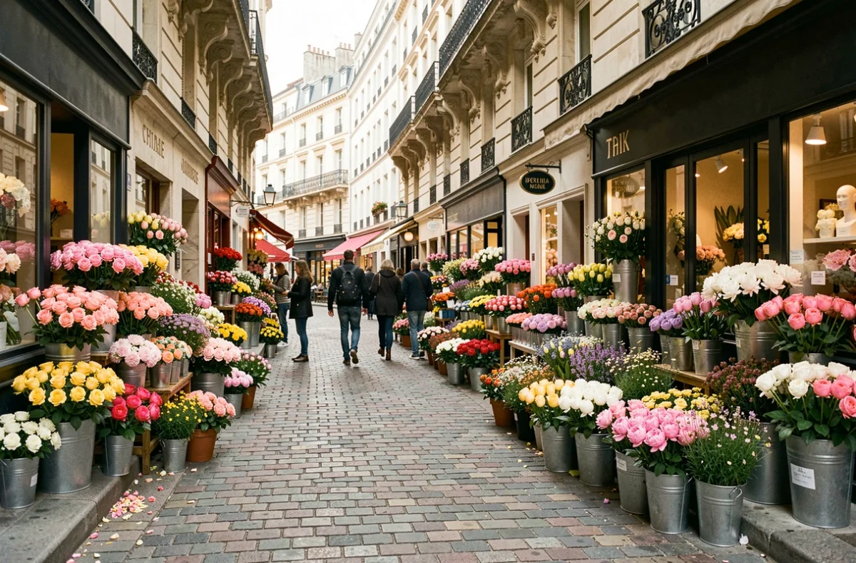 Vue d'ensemble d'une rue commerçante en Isère avec plusieurs boutiques de fleuristes et des bouquets colorés exposés sur les trottoirs