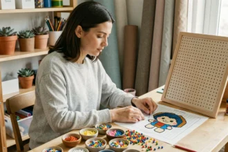 Jeune femme suivant un modèle perles à repasser Stitch posé sur une table en bois avec des perles colorées triées dans des coupelles