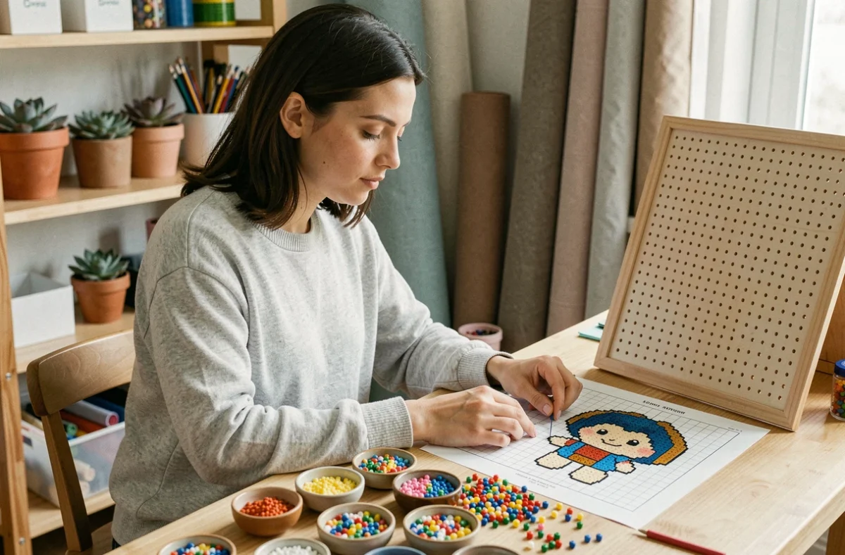 Jeune femme suivant un modèle perles à repasser Stitch posé sur une table en bois avec des perles colorées triées dans des coupelles