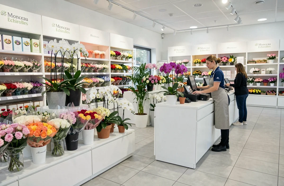 Intérieur organisé de Monceau Fleurs à Échirolles avec une employée au comptoir et des rangées de bouquets et de plantes en pot