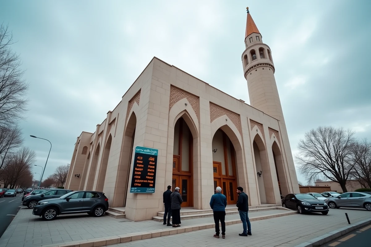 Façade d'une mosquée en banlieue parisienne avec tableau d'affichage des horaires de prière à Le Blanc-Mesnil