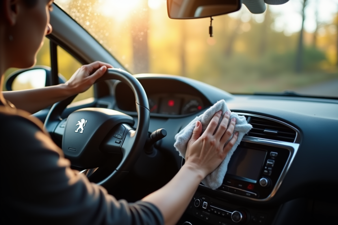 Personne nettoyant l interieur d une Peugeot 308 2015