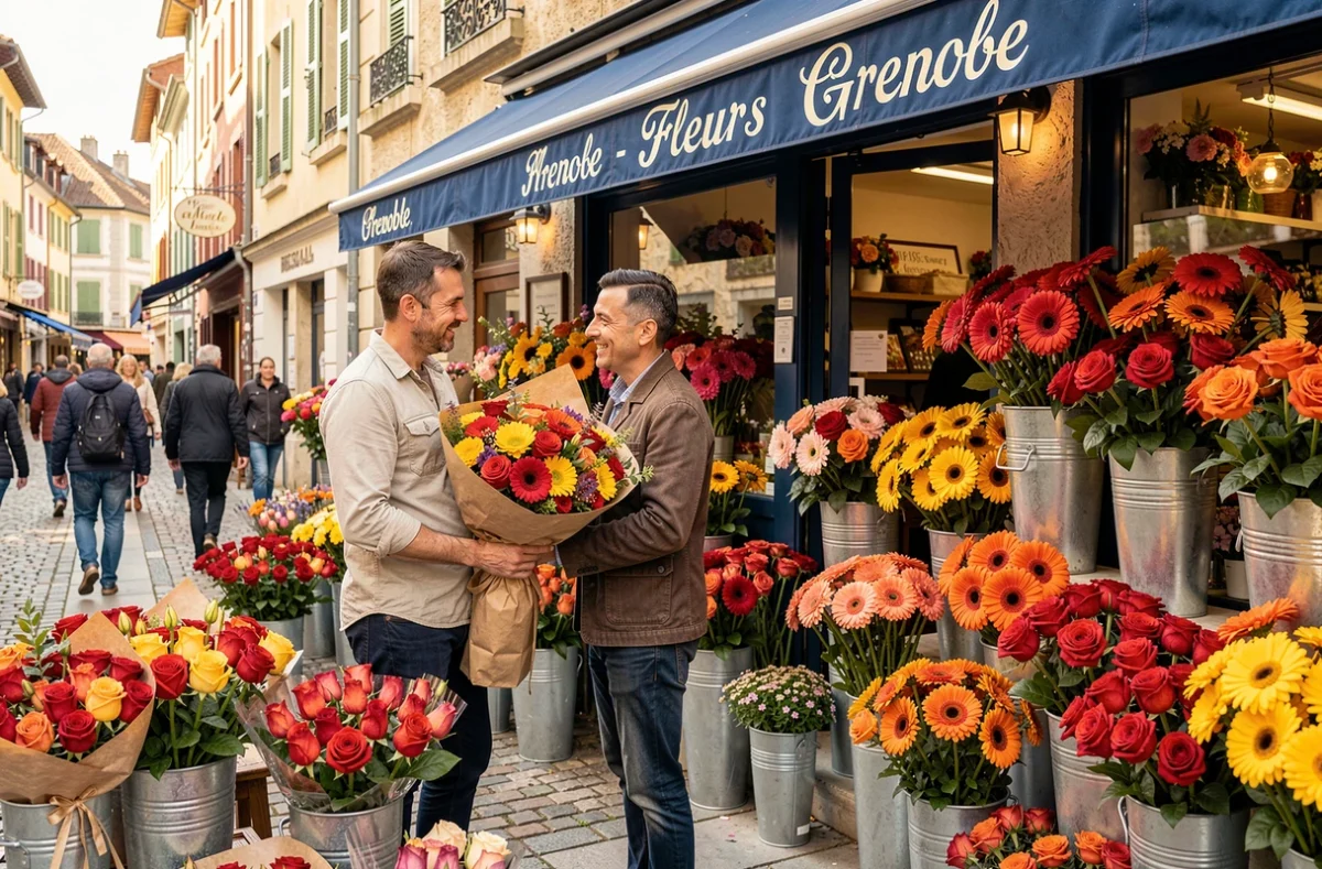 Étal coloré de Nice Fleurs Grenoble avec un fleuriste emballant un bouquet méditerranéen pour un client devant la boutique animée