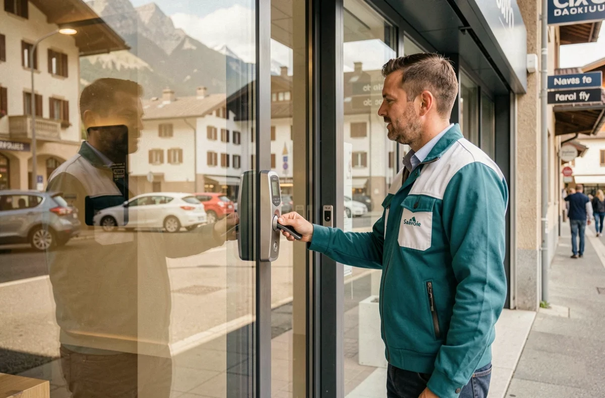 Serrurier Open Closed présentant une nouvelle serrure de porte coulissante automatique au propriétaire d'un commerce savoyard